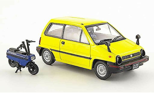 Honda City Motocompo 1/43 Ebbro gelb avec Minimotorrad 1981 modellautos