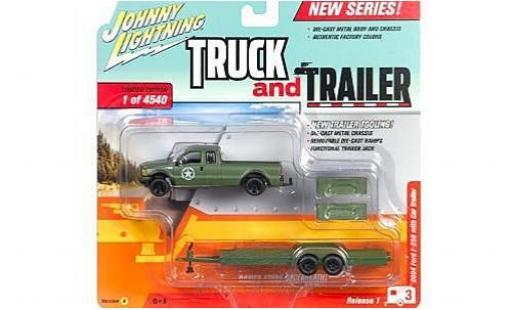 Modellautos Ford F-250 1/64 Johnny Lightning oliv 2004 mit Flatbed Anhänger ohne Vitrine Ford F-250 1/64 Johnny Lightning oliv 2004 mit Flatbed Anhänger ohne Vitrine modellautos