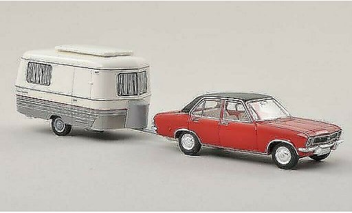 Opel Ascona A Base 1/87 Brekina rot/schwarz mit Eriba Wohnwagen modellautos