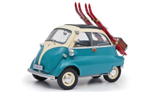 Bmw Isetta 1/18 Schuco türkis/weiss 1955 avec Heckträger wagon conteneur et Skiern modellautos